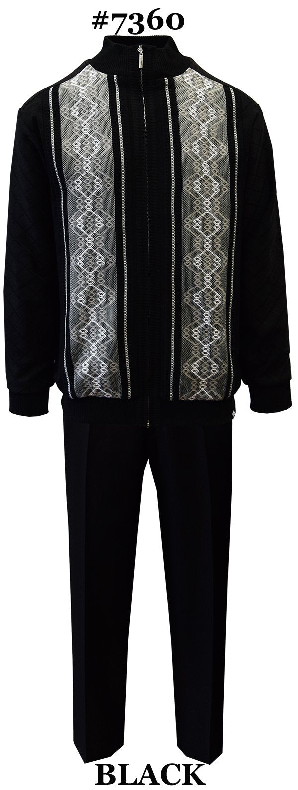 Silver Silk Men's Leisure Suit 2 Pieces With Zip Front Sweater And Matching Pants  Color - Black And White Sizes X-Large To 3X-Large