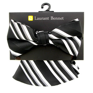 Laurant  Bennet Men's Dress Bow Tie + Round Hanky Pocket Square Fashion Striped Black Bow tie Set