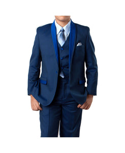 Braveman Satin Collar Little Boy's Suit  3 Piece With Shirt And Tie SKU: 008346 Color - Royal Blue Size- 5 Small