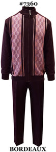Silver Silk Men's Leisure Suit 2 Pieces With Zip Front Sweater And Matching Pants Color - Bordeaux Sizes X-Large To 3X-Large