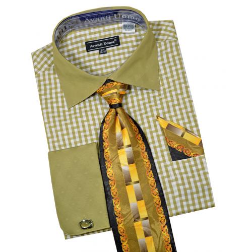 Avanti Uomo Olive / White Contrast Pattern Dress Shirt / Tie / Hanky / Cufflinks Set DN76M