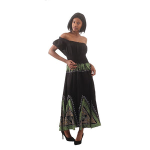 African Imports -  Batik Princess Dress Color Black / Green  SKU: C-WH646:Blk/Grn   ( One Size Fits All )