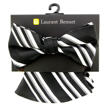 Load image into Gallery viewer, Laurant  Bennet Men&#39;s Dress Bow Tie + Round Hanky Pocket Square Fashion Striped Black Bow tie Set
