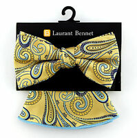 Laurant  Bennet Men's Dress Bow Tie + Round Hanky Pocket Square Fashion Striped Black Bow tie Set