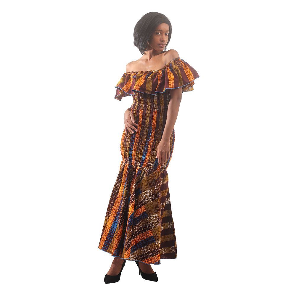 African Print - African-Made Golden-Brown Elastic Dress SKU:C-W129   ( One Size Fits All)