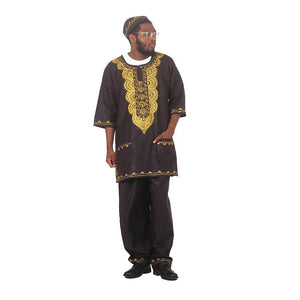 African Imports - Gold Embroidered Dashiki/Pant Set  SKU: C-M066:Blk:Fre or SKU: C-M066:Blk:Plu Sizes -Free or Plus