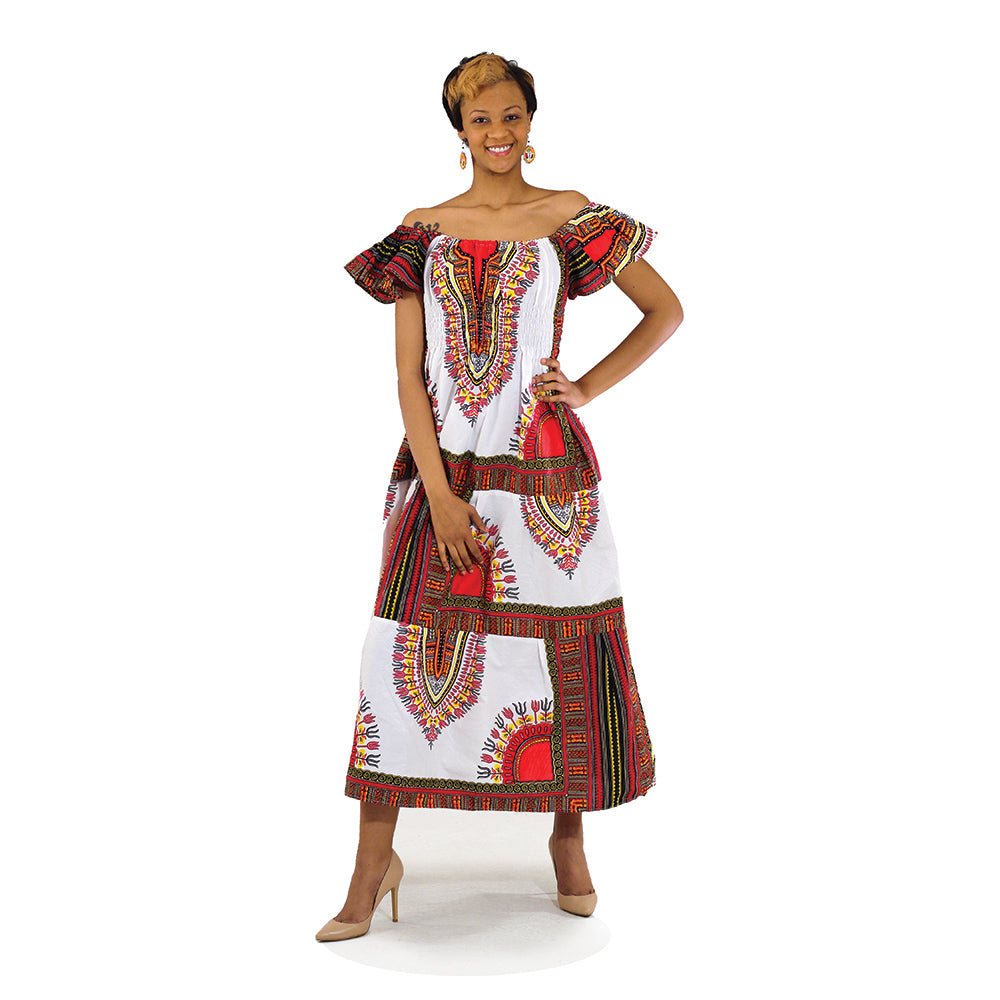 African Imports - Traditional Print Elastic Princess Dress  Multiple Colors   Sku: C-W075 (One Size Fits All)