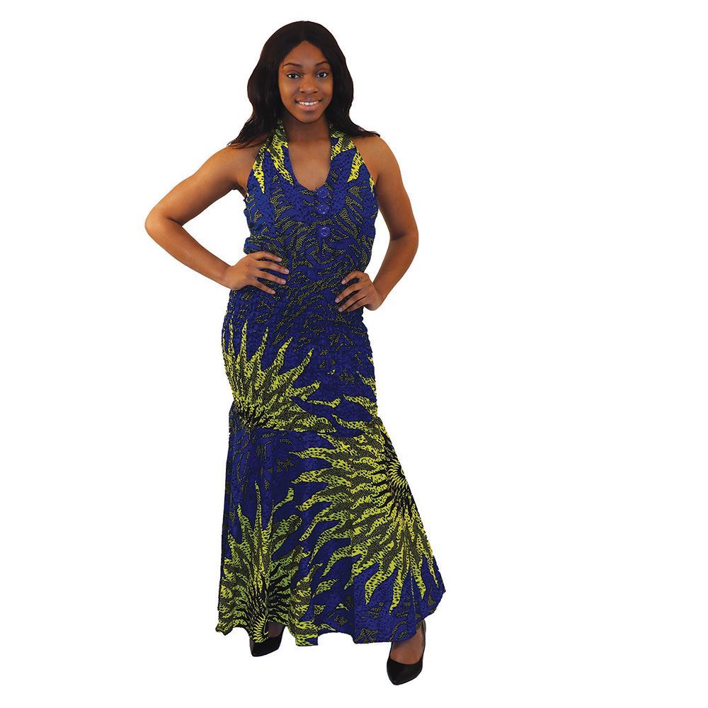 African Imports - Blue Sun Button Dress  Sku: C-W107  (One Size Fits All)