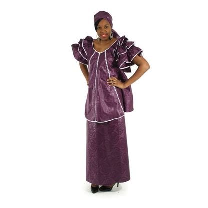 African Imports - Plum Ruffled Sleeve Brocade Skirt Set  Sku:C-W508 (One Size Fits All)
