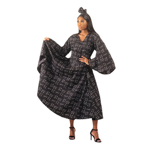 African Imports - Black Mud Print Wrap Dress Sku: C-WH636 (One Size Fits All)