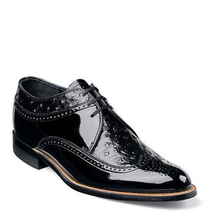 Stacy Adams Men's Dayton Ostrich Wingtip Oxford Black Shiny Patent Leather Upper With Ostrich Quill-Print Leather Accents