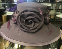 Load image into Gallery viewer, Gray Rhinestone Floral Bow Church Hat - 3620 Autom Rose
