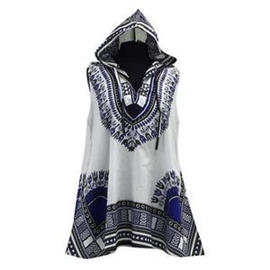 Advance Apparels Hooded Dashiki African Wax Print Top Colors- Hues Of Royal Blue, Jet Black And White  SKU:1852