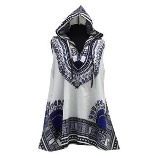 Advance Apparels Hooded Dashiki African Wax Print Top Colors- Hues Of Royal Blue, Jet Black And White  SKU:1852