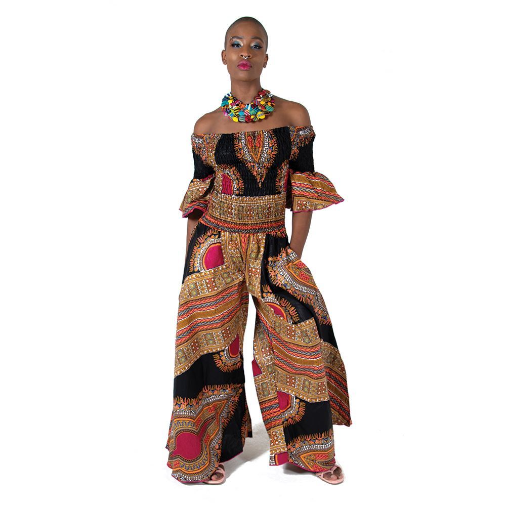 African Imports - Black Trad Print Off-Shoulder Jumpsuit  SKU: C-WO98   (One Size Fits All )