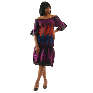 African Imports - Elastic Traditional Print Dress Available Colors - Black, Purple and Lime  Sku:C-WH530 (One Size Fits All)