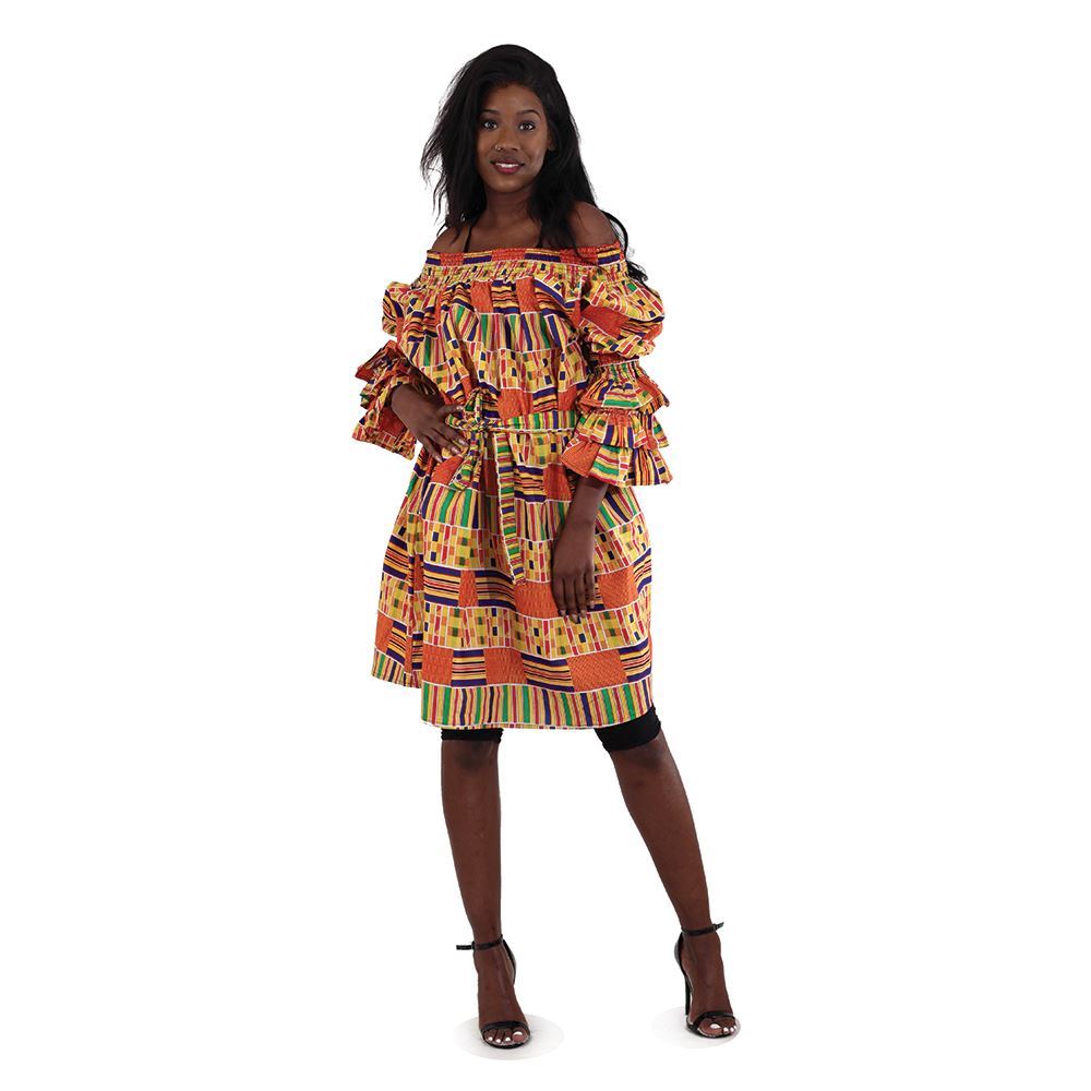 African Imports - Kente Off The Shoulder Short Dress  Sku:C-WH082:1  (One Size Fits All)