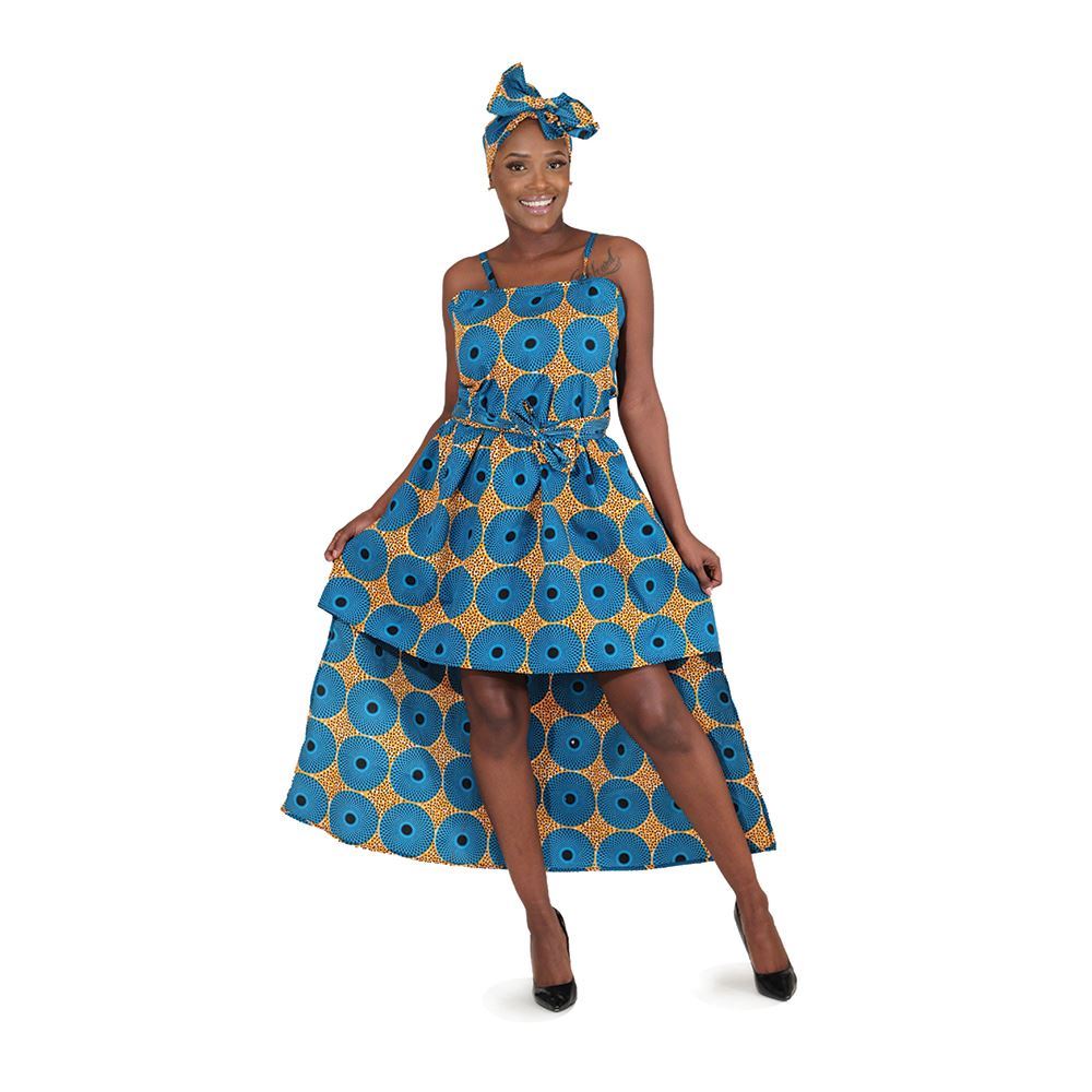 African Imports - Turquoise/Orange Circle Print HiLo Dress   Sku: C-WK085 (One Size Fits All)