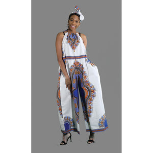 African Imports - Traditional Print Romper: White/Blue  SKU: C-WK077   ( One Size Fits All )