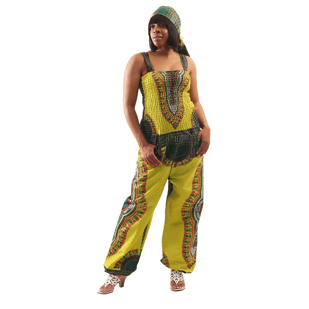 African Imports - Traditional Print Jumpsuit   SKU: WH537 Yellow     ( One Size Fits All )